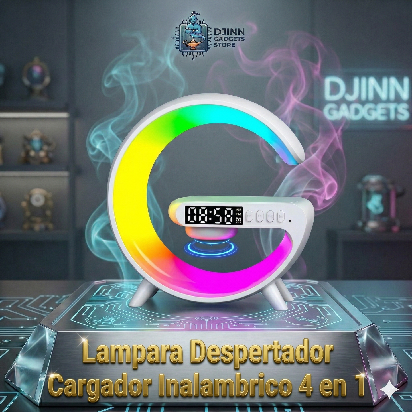 Lampara Despertador Cargador Inalambrico 4 en 1